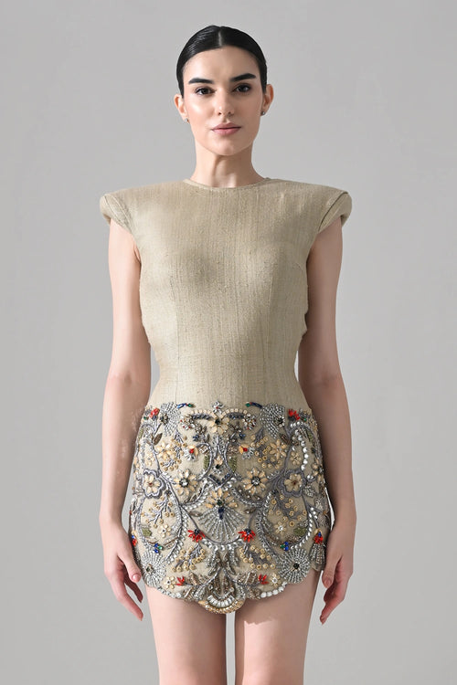 Beige Short Dress With Crystal Ornate Detail