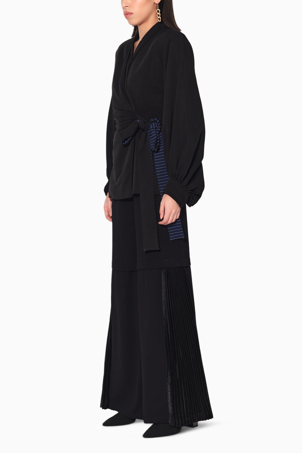 Neo Wrap Pleated Black Pant Suit