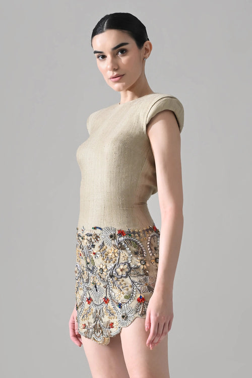 Beige Short Dress With Crystal Ornate Detail