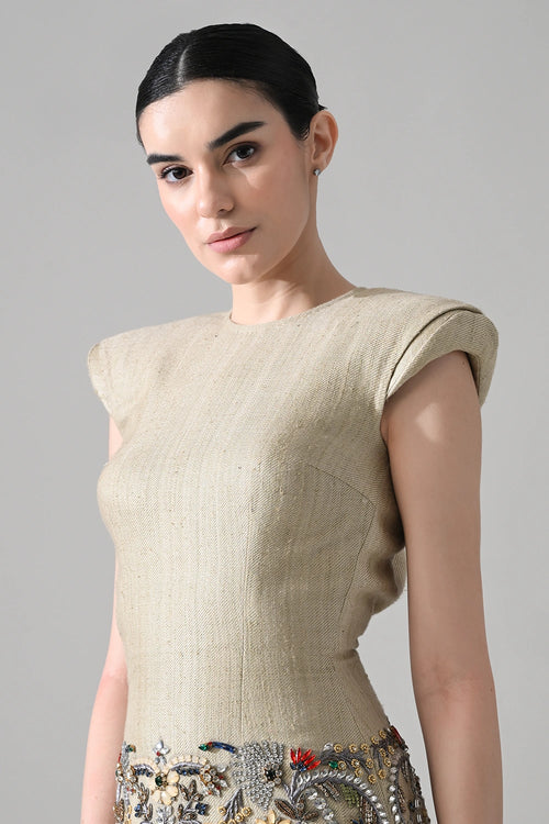 Beige Short Dress With Crystal Ornate Detail