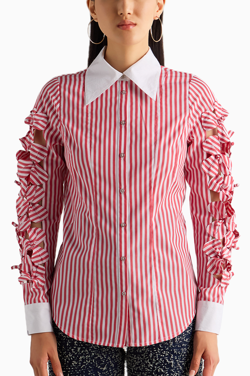 Red Stripe 3D Flower Sleeve Shirt