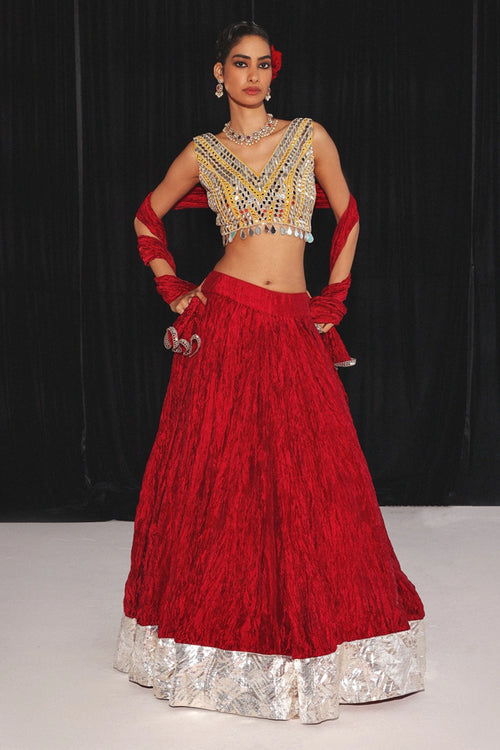 Red Crushed Silk Lehenga Set