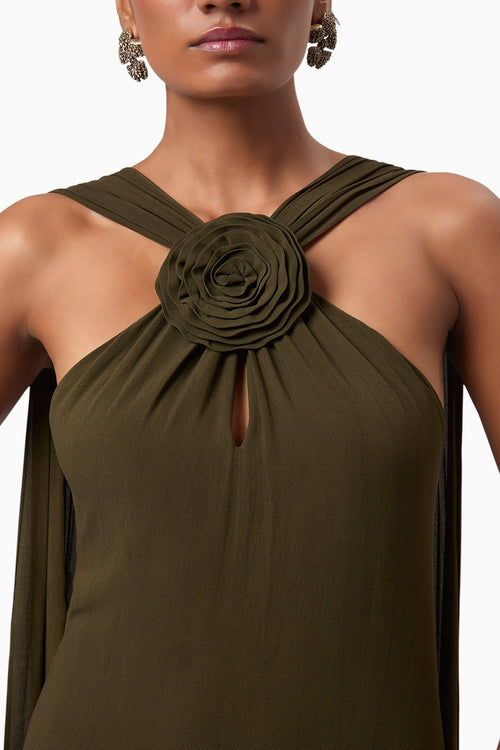 Olive Rosette Halter Maxi Gown