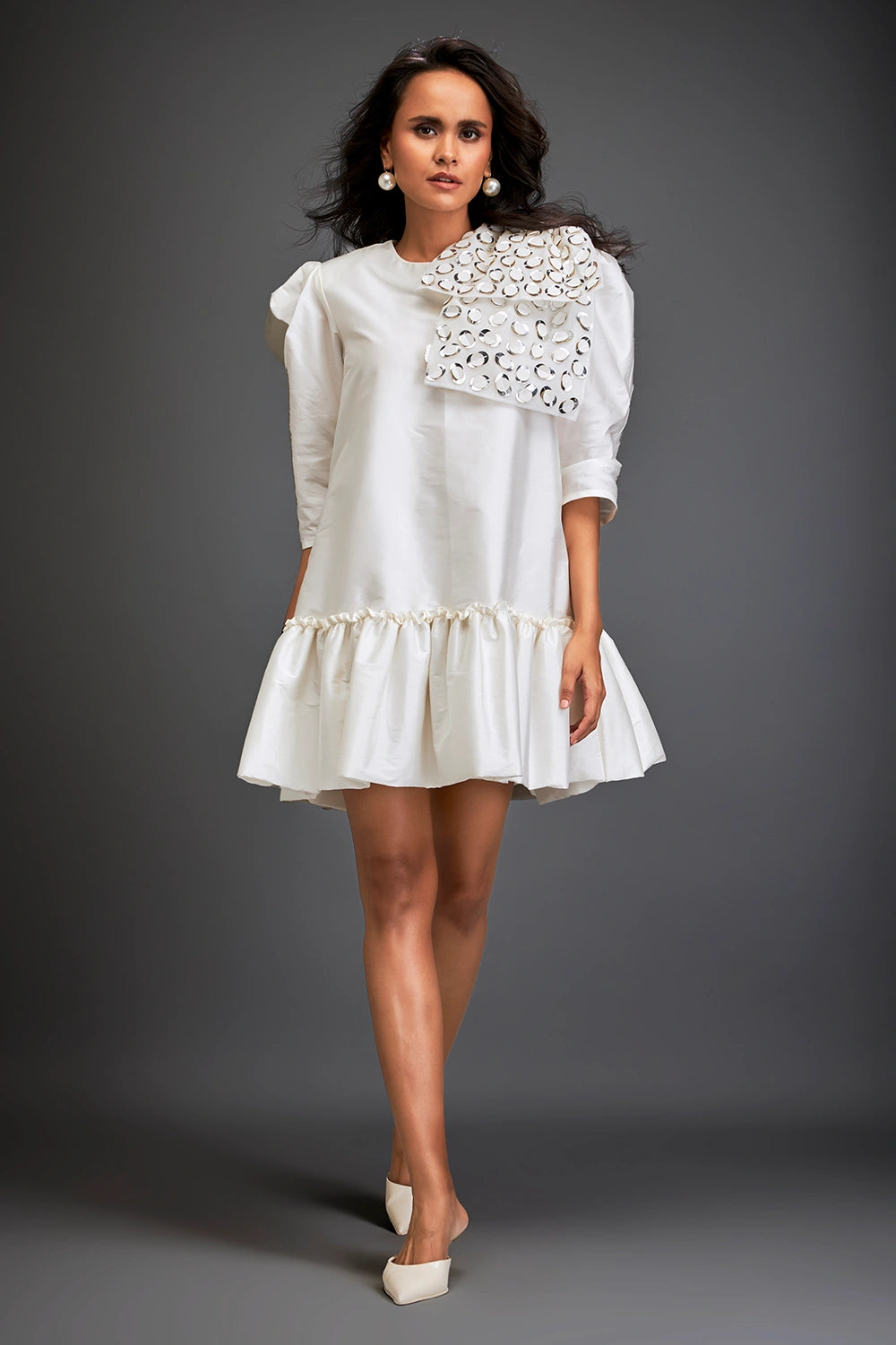 White Bold Gleam Shoulder Mini Dress