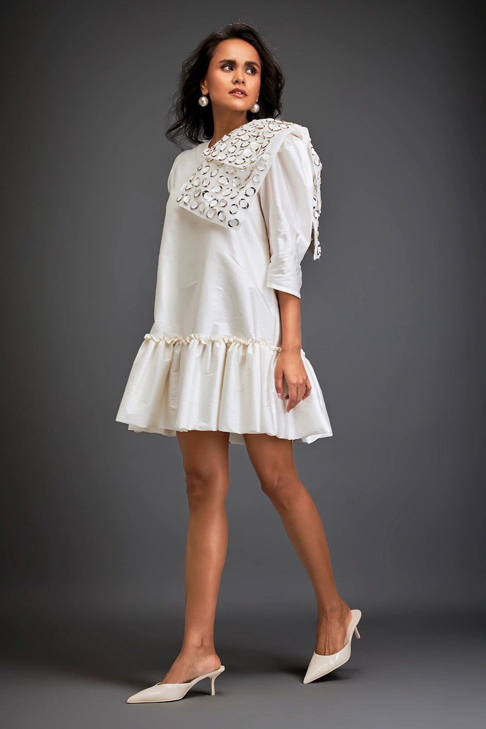 White Bold Gleam Shoulder Mini Dress