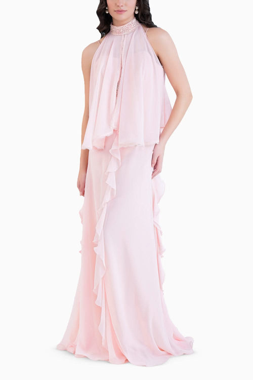 Pink Long Dress With Short Embroidered Cape