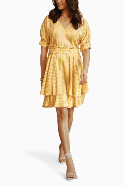 Sun-kissed Yellow Houndstooth Printed Tiered Mini Dress