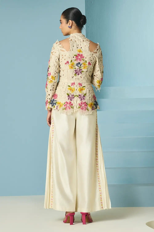 Ivory Beadwork And Cutwork Cutout Jacket With Pants
