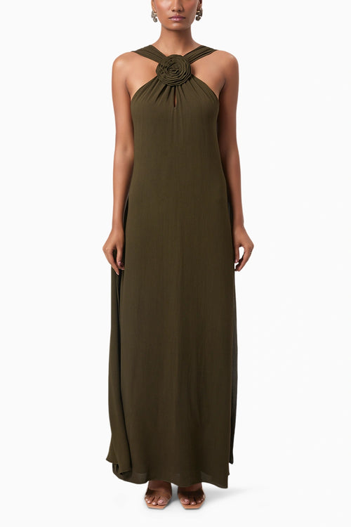 Olive Rosette Halter Maxi Gown