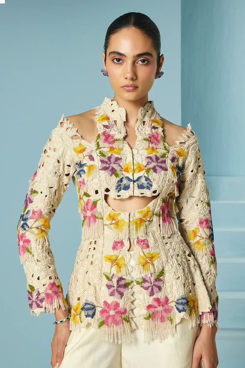 Ivory Beadwork And Cutwork Cutout Jacket