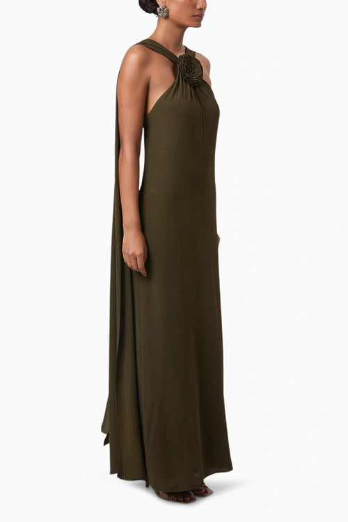 Olive Rosette Halter Maxi Gown