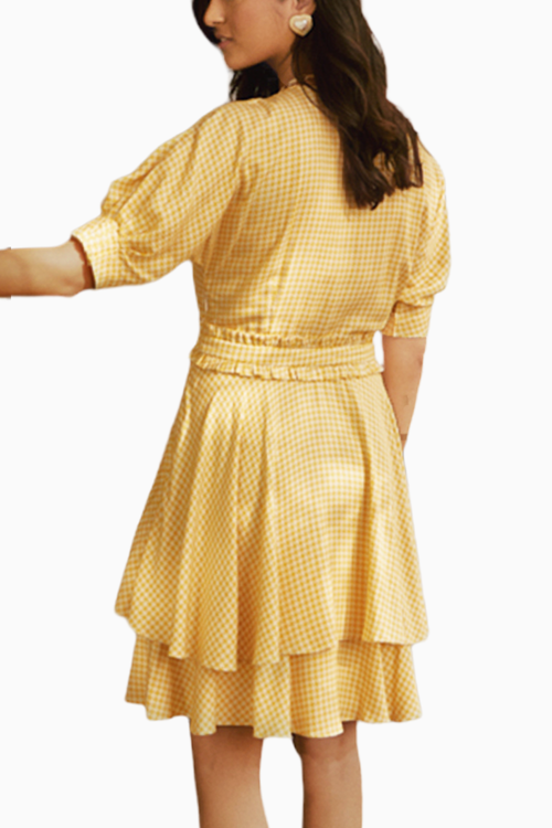 Sun-kissed Yellow Houndstooth Printed Tiered Mini Dress