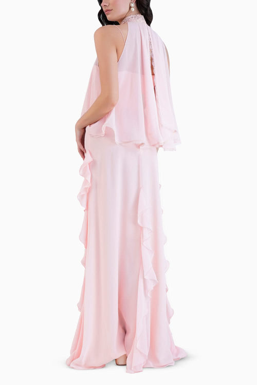 Pink Long Dress With Short Embroidered Cape