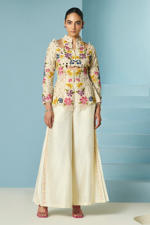 Ivory Beadwork And Cutwork Cutout Jacket With Pants