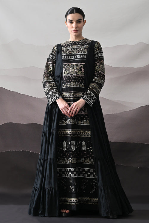 Black Artisanal Embroidered Gown With Panelled Overlay
