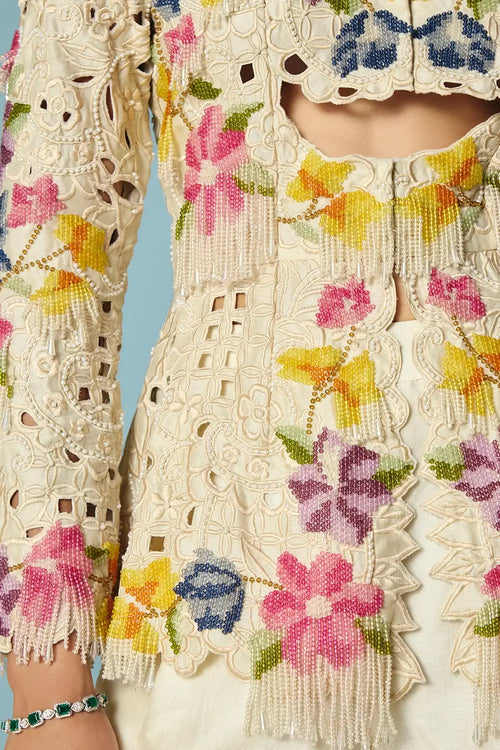 Ivory Beadwork And Cutwork Cutout Jacket With Pants