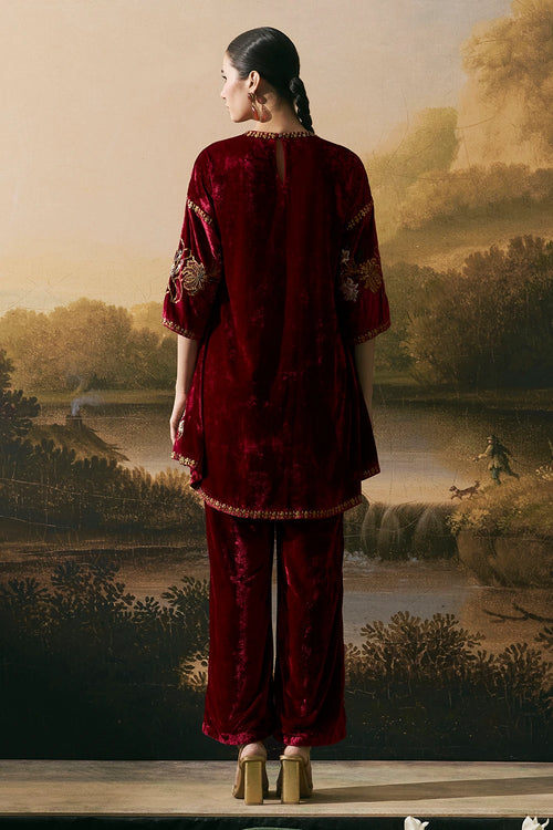 Cherry Red Metallic Short Kurta With Pants