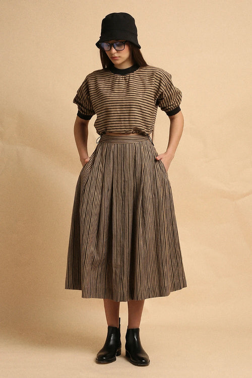 Brown Thin Striped New Sphara Crop Top And Skirt Co-ord Set