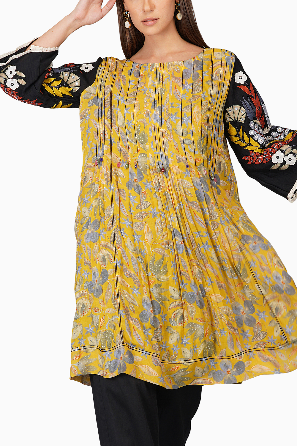 Flower Print Pleated Tunic Set With Applque Sleeves