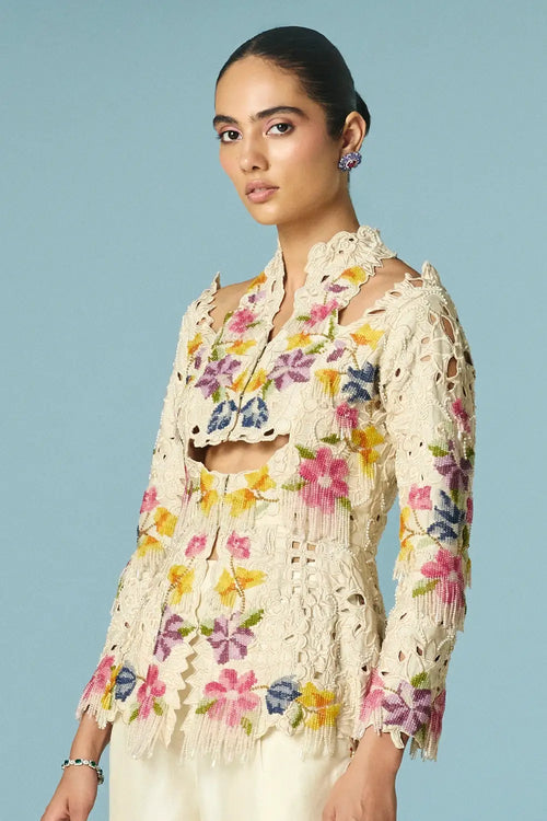 Ivory Beadwork And Cutwork Cutout Jacket