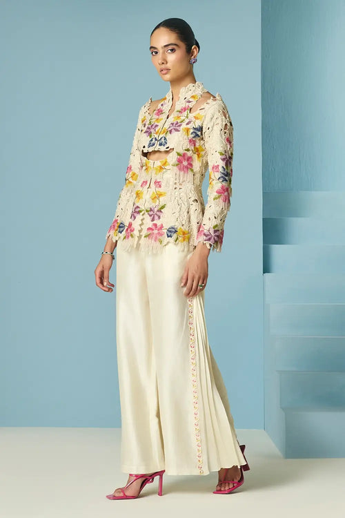 Ivory Beadwork And Cutwork Cutout Jacket With Pants