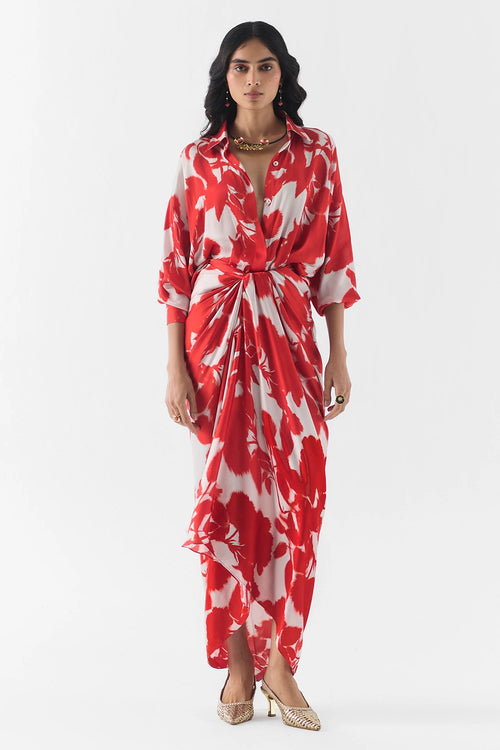 Red Ink Draped Shirt Dress