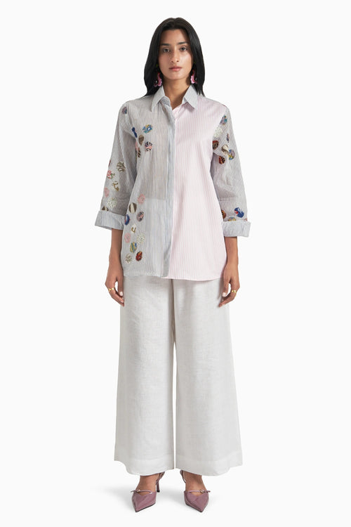 Blue Stripes Panel Shirt And Pants Set