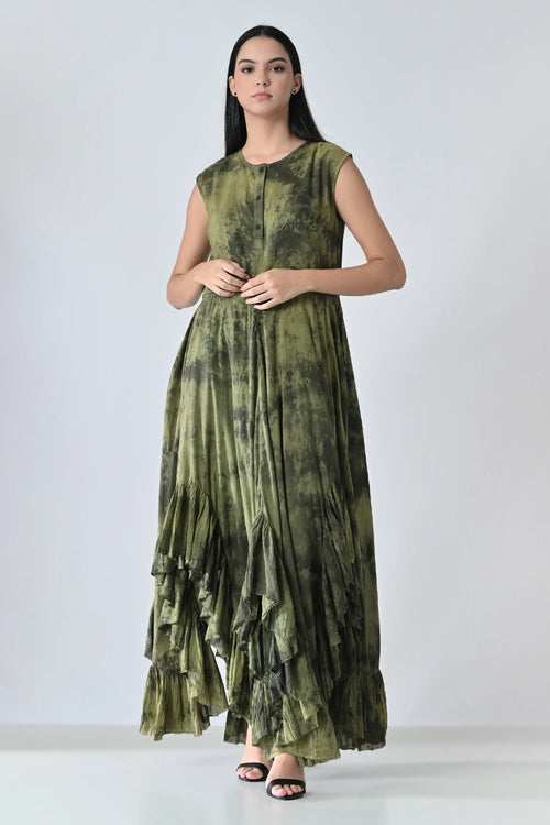 Olive Moss Garden Printed Layered Dress