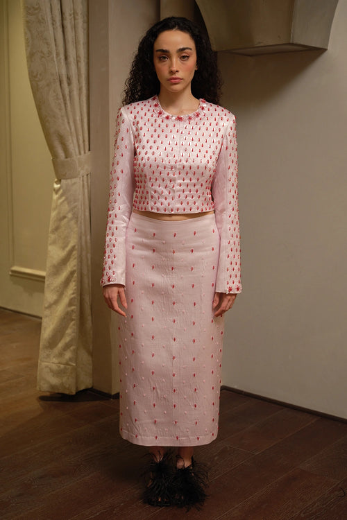 Blush Pink Hand Embellished Satin Co-ord Set