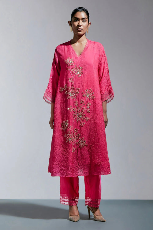 Raspberry Floral Embroidered Crushed Silk Kurta Set