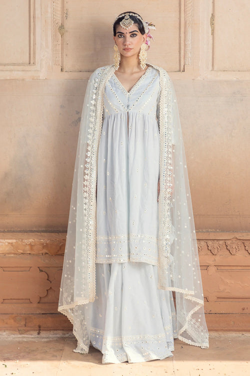 Ice Blue Three Line Embroidered Kurta with Lehenga and Dupatta