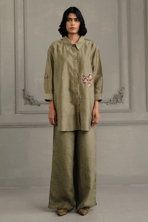 Sage Green Silk Chanderi Embroidered Shirt And Linen Pants Set