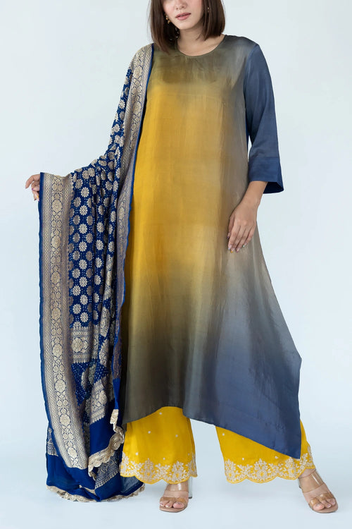 Royal Yellow Ombre Kurta With Dupatta