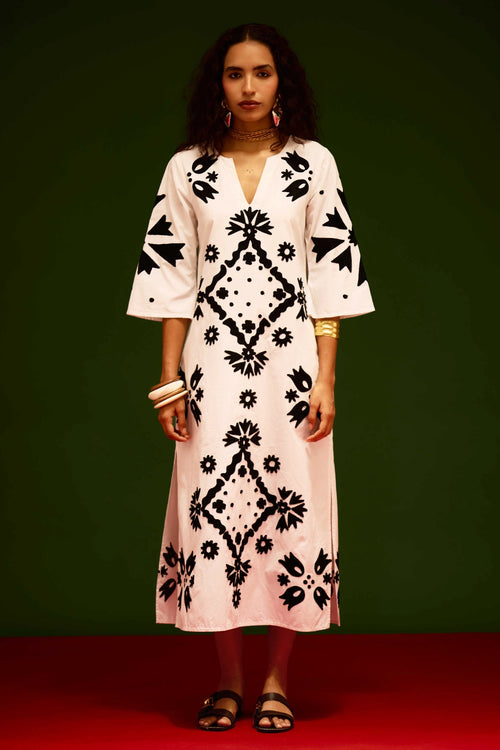Ivory Cotton Maxi Dress with Thread Embroidery