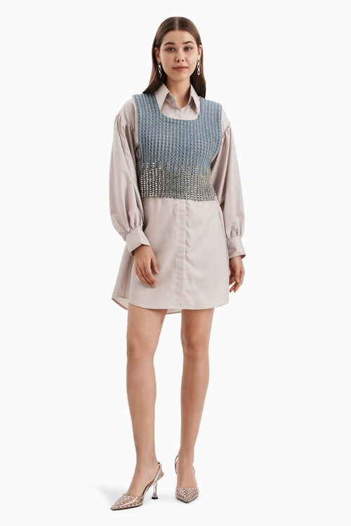 Taupe Cotton Off Shoulder Shirt Dress