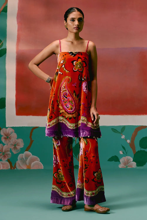 Tangerine and Purple Floral Kurta Set
