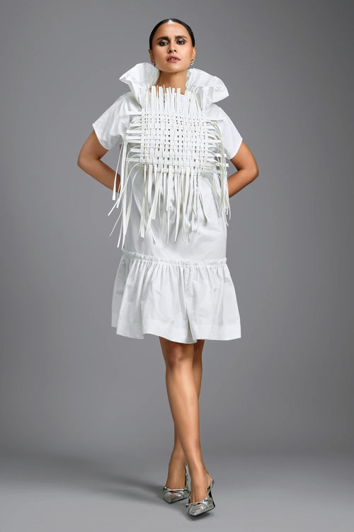 White Sculptural Dress with Woven Leather Front Panel
