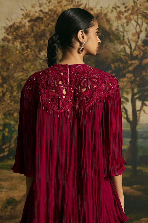 Cherry Red Cutwork Textured Tunic With Tulip Pants