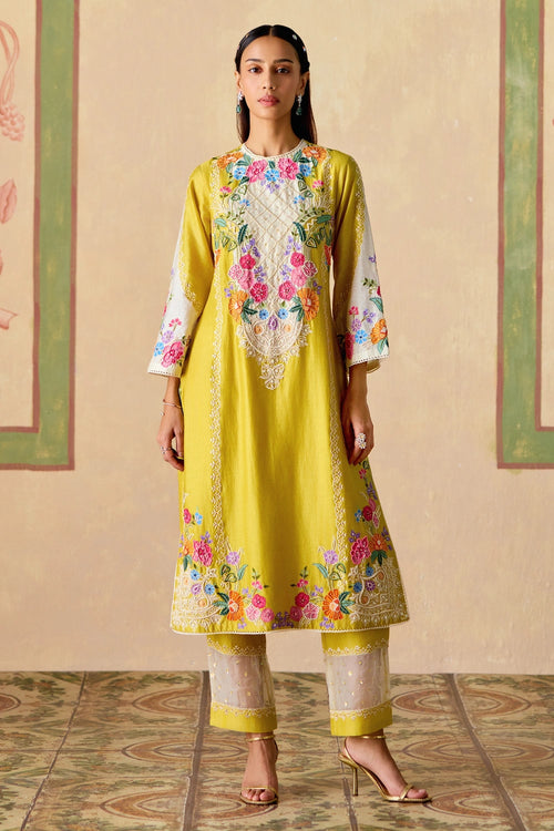 Yellow and Ivory Embroidered Kurta Set with Dupatta