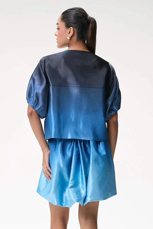 Midnight Blue Ombré Bubble Sleeve Crop Jacket with Mini Bubble Skirt
