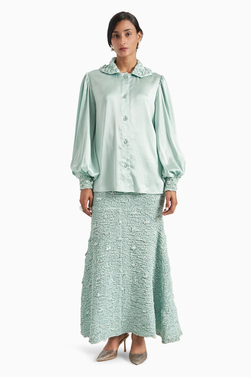 Sea Foam Hex Collar Top With Wave Smoked Mermaid Skirt