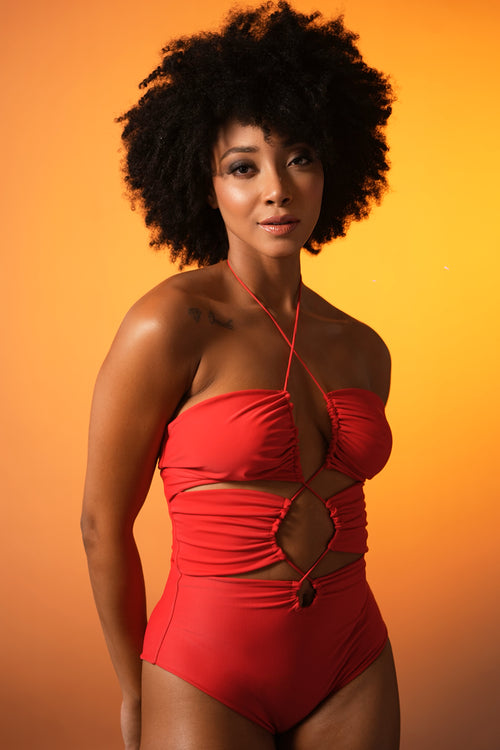 Cherry Ruched Halter Swimsuit