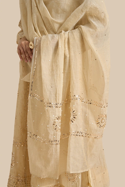 Beige Kalidar Set With Kamdani Embroidery Aborned With Moti And Mirror Work