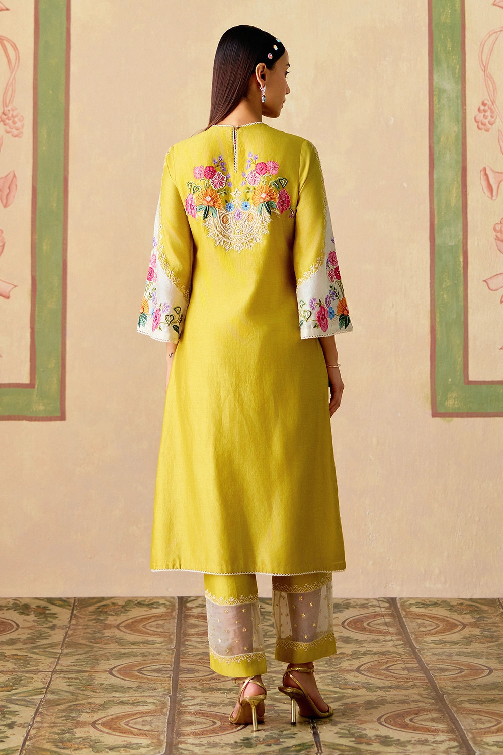 Yellow and Ivory Embroidered Kurta with Sheer Panel Pants