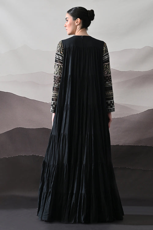 Black Artisanal Embroidered Gown With Panelled Overlay