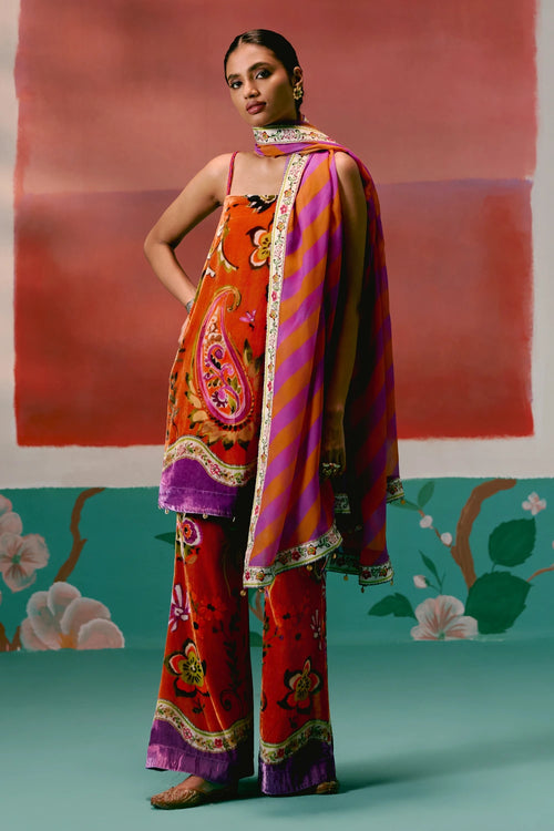 Tangerine and Purple Floral Kurta Set with Dupatta