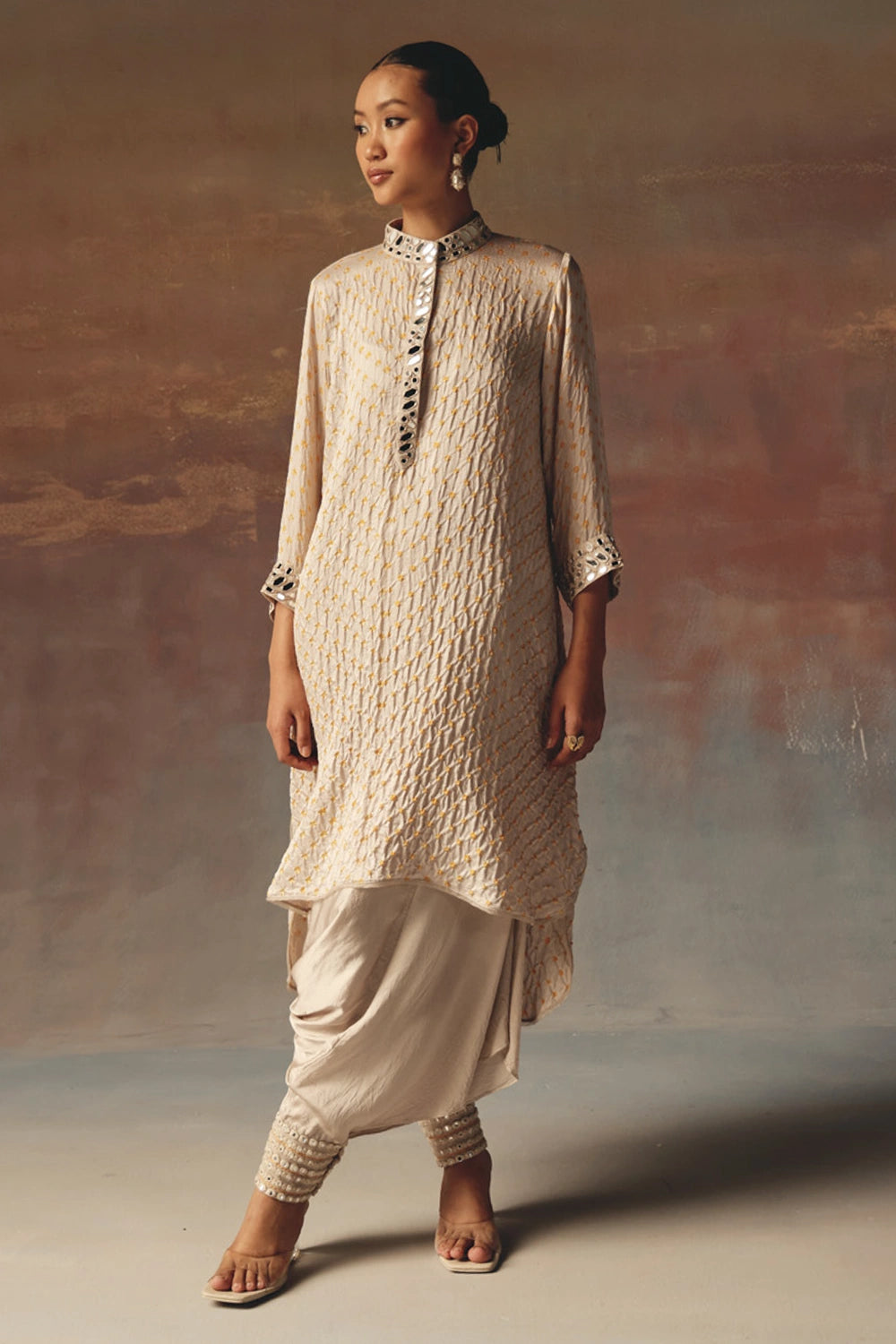 Moon Dust Bandhani Shirt Kurta with Thai Mirror Work Dhoti
