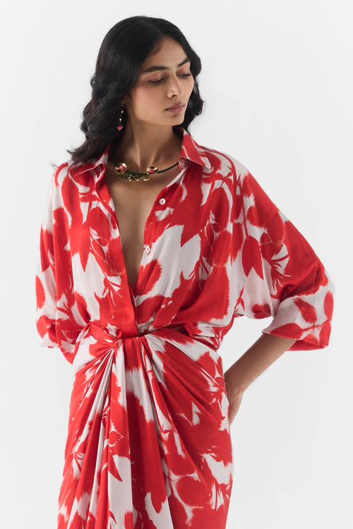 Red Ink Draped Shirt Dress
