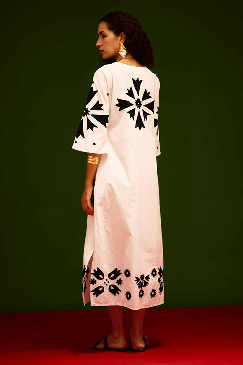 Ivory Cotton Maxi Dress with Thread Embroidery
