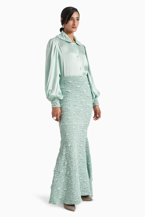 Sea Foam Hex Collar Top With Wave Smoked Mermaid Skirt